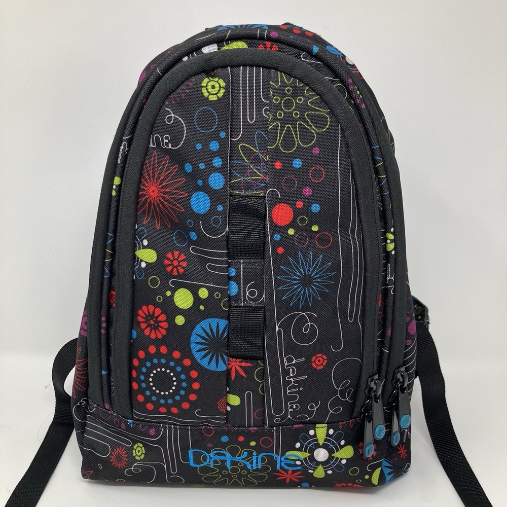 Dakine Mini Backpack Floral Doodle Print Black Blue Gingham Lining Small Daypack